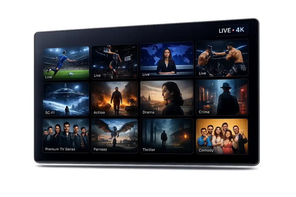 Watch live TV, sports, and movies in 4K with Xtreme HD IPTV Xtreme HD IPTV IPTV interface showing live sports, news, and 4K movie channels on a Smart TV